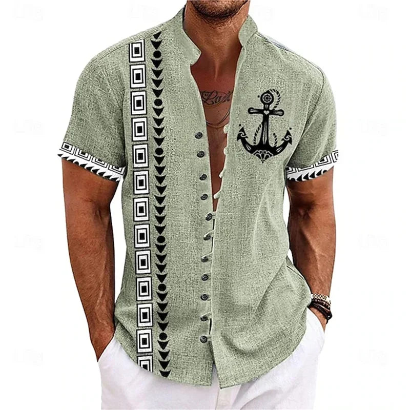 2025 Men's Button Shirts Hawaiian Shirt Casual Tribal Holiday Summer Stand Collar Short Sleeve Clothing Fashion VersatileTops
