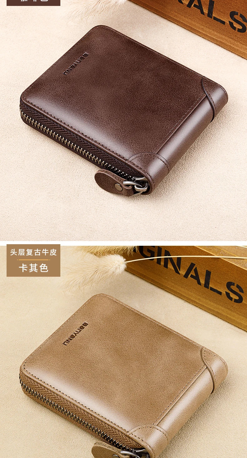 Fashion Genuine Leather Wallet For Men Zipper Complete Closure Wallet Driving License Credit Card Holder Coin Bag Men's Wallet