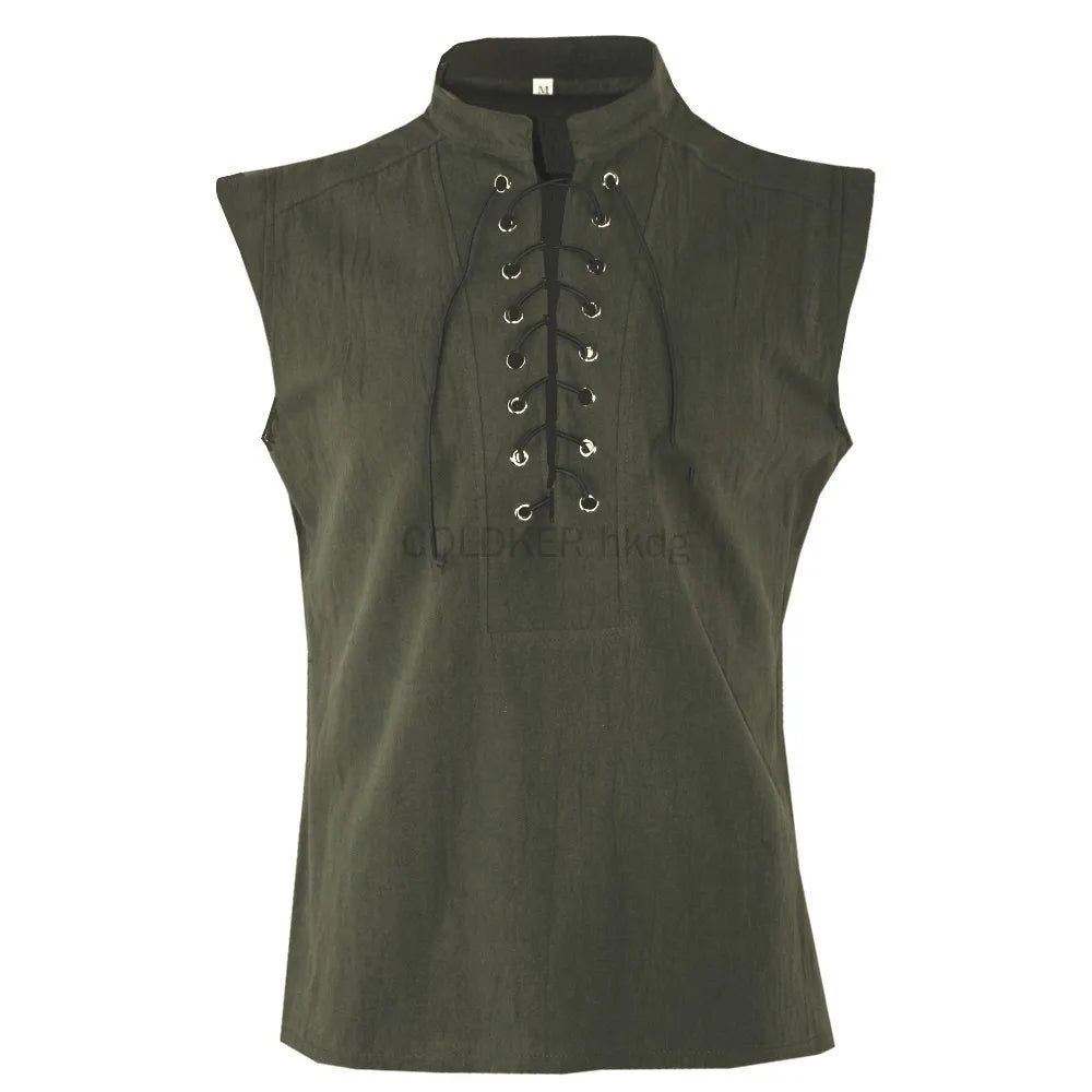 Men's Casual Shirt Black Green Steampunk Gothic Tank Tops Medieval Shirt Lace-Up Sleeveless Renaissance Pirate Shirts for Men