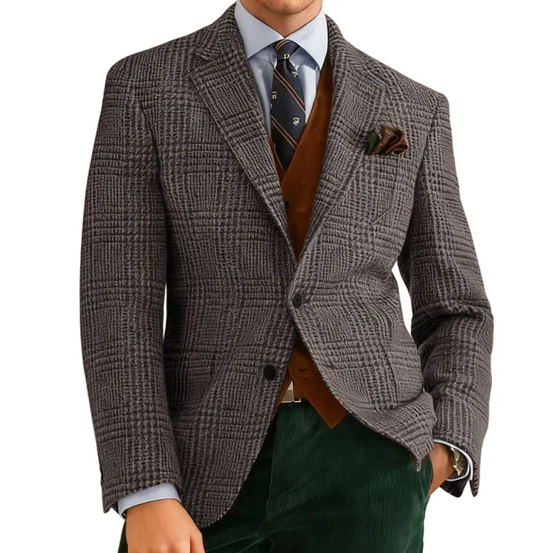 Autumn Winter Men's Suits Jacket Formal Single-Breasted Plaid Blazer Tweed Wear Tuxedos Business Casual Party Men Sport Coats
