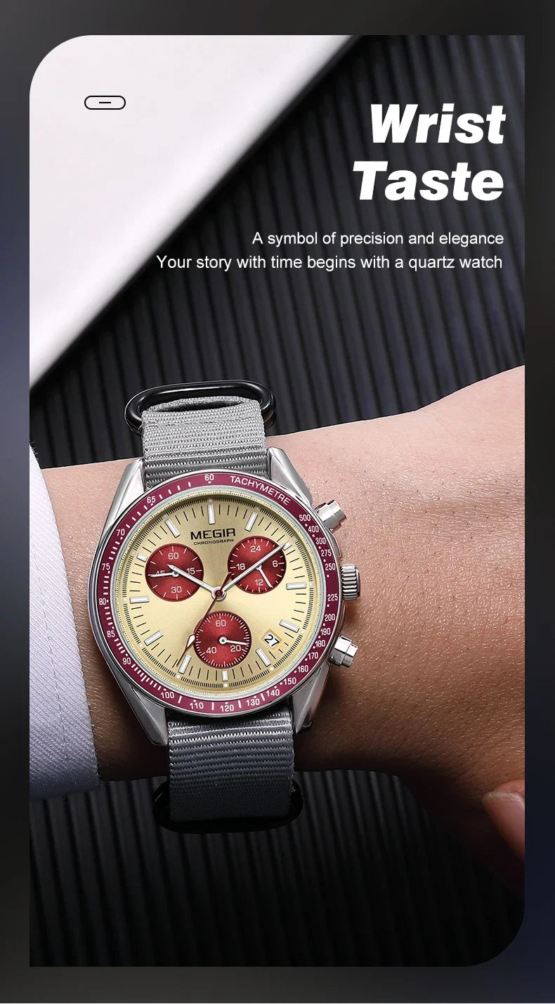 MEGIR New Luxury Men's Watches Canvas Weaving Strap Sport Automatic Chronograph Quartz Waterproof Wristwatch for Male 2247