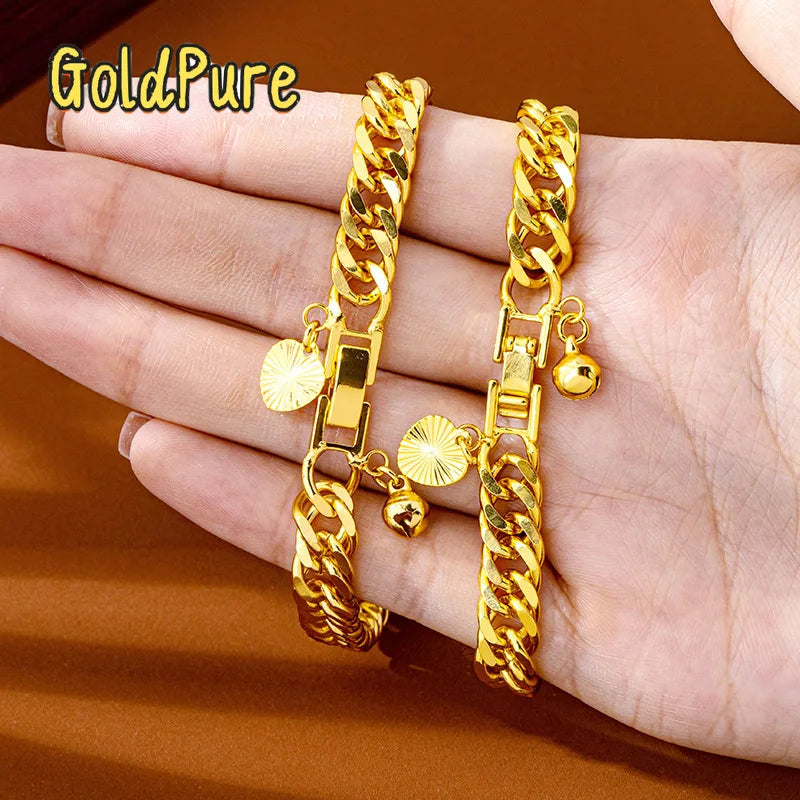 Goldpure Luxury 24K 9999 Pure Gold real gold Women's Bell Clasp Boss Bracelet Chain Bracelet