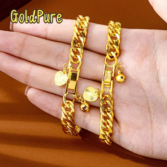 Goldpure Luxury 24K 9999 Pure Gold real gold Women's Bell Clasp Boss Bracelet Chain Bracelet
