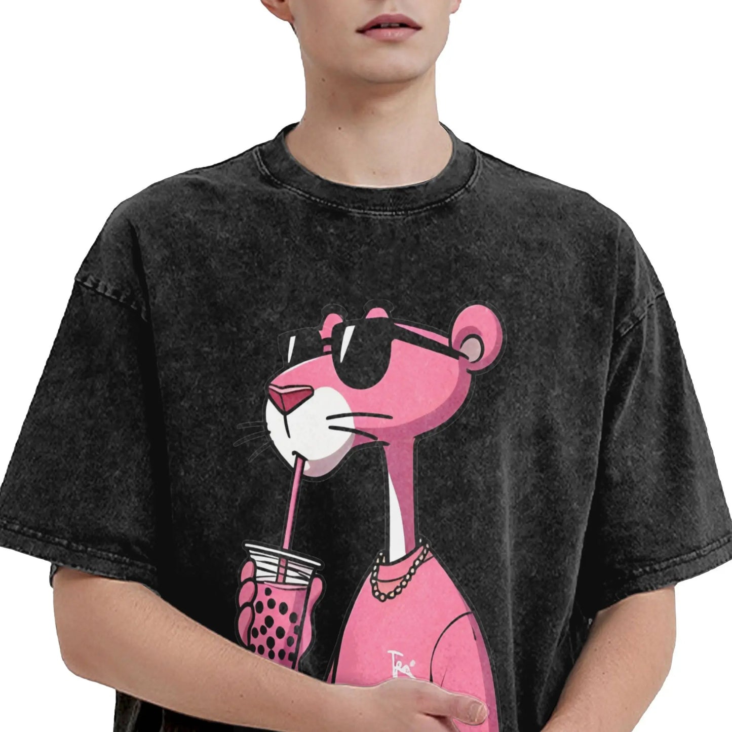 Men's T Shirt Pink-Panthers Drinking Washed T-Shirts Hippie  Beach Tee Shirt Y2K Funny Design Casual Clothing Hot Sale