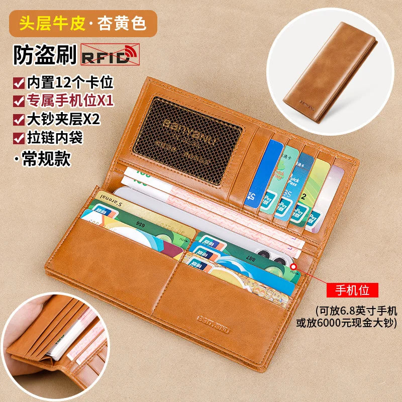 Banyanu Leather Factory Wallet Men's Long Leather Ultra Thin Anti theft Brushed Leather Wallet with Zipper Leather Wallet