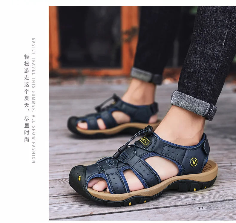 Summer Men Sandals Genuine Leather Mens Casual Shoes Outdoor Men Leather Sandals for Men Beach Shoes Roman Shoes Plus Size 38-48