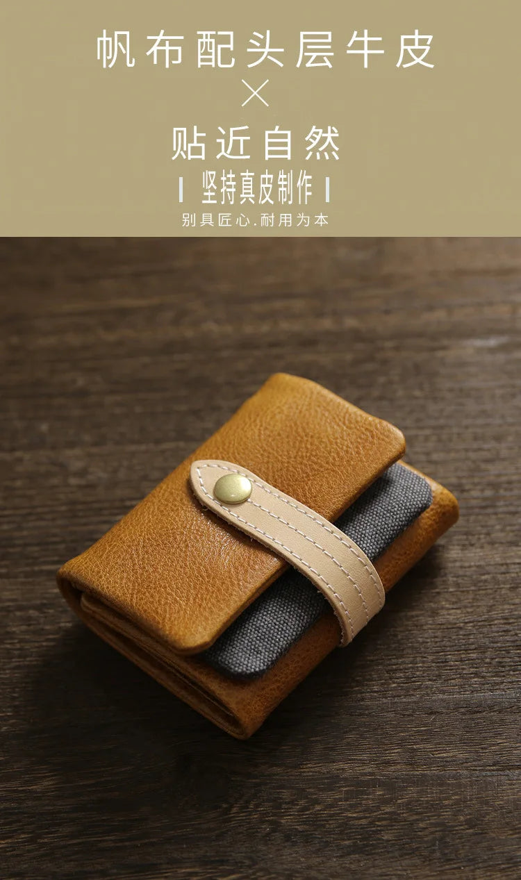 2025 Handmade Wallet Men's Short Leather Triple Fold Money Clip Cowhide Youth Buckle Student Vertical Vegetable Tanned Leather