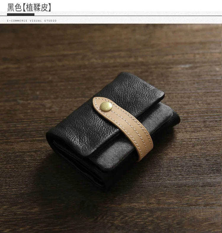 2025 Handmade Wallet Men's Short Leather Triple Fold Money Clip Cowhide Youth Buckle Student Vertical Vegetable Tanned Leather