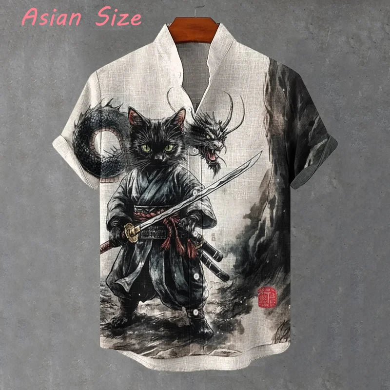Summer Men's Retro Cartoon samurai Cat Theme Short Sleeve Shirt vintage japanese style Casual Vacation Streetwear Men's camisas