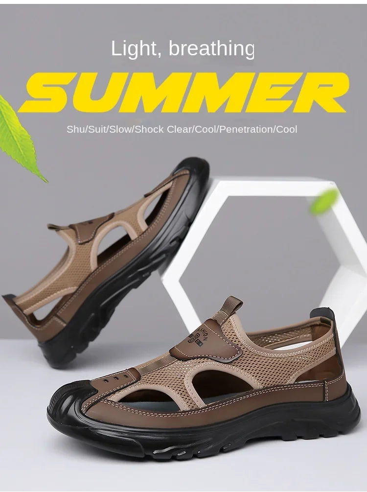 2025 Summer Beach Sandals for Men New Hollow Men's Sandals Outdoor Breathable Mens Bag Head Mesh Casual Shoes Zapatillas Hombre