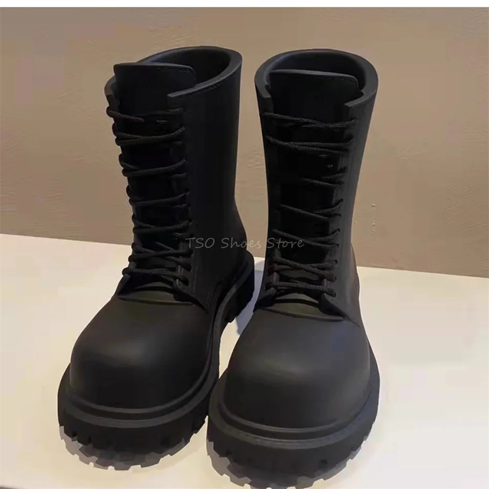 Thick Bottom Black Boots for Men New Women Derby Big Toe Lace Up Boots Chelsea Short Boots Brand Design Male Big Size 40-45