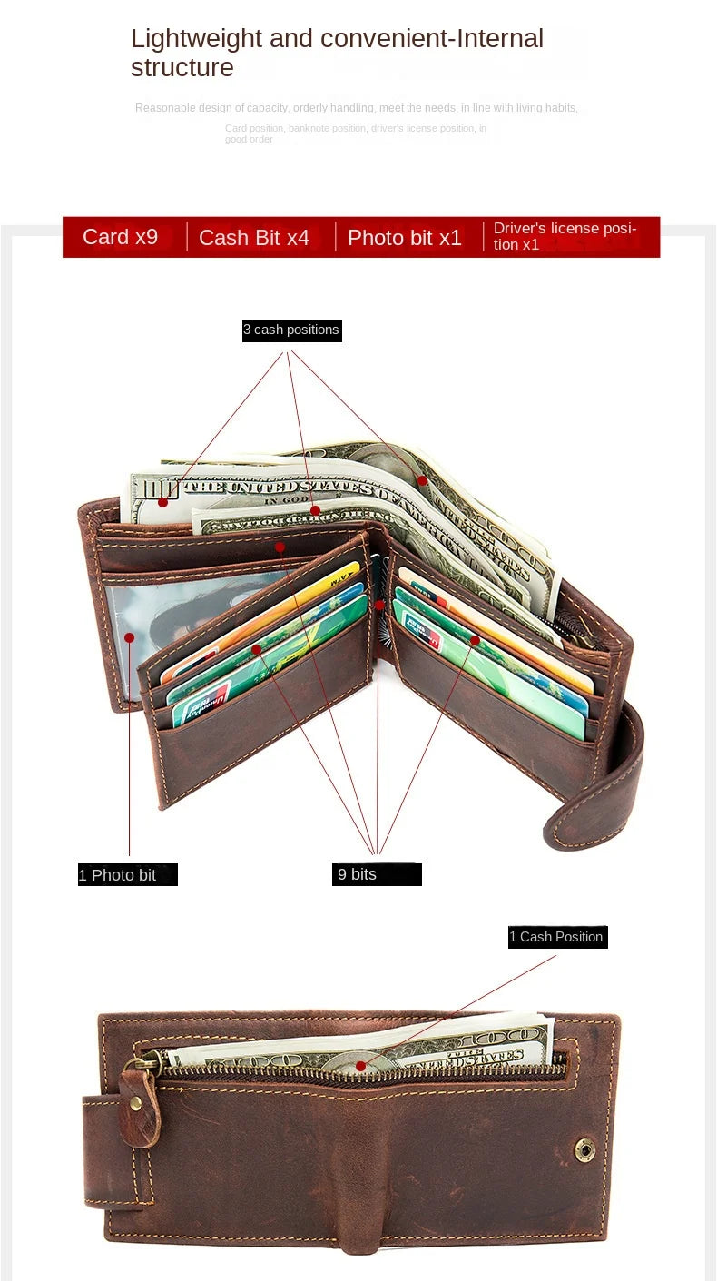 Men's Crazy Horse Leather Short Wallet Genuine Leather Buckle Wallet Vintage Top Layer Cowhide Card Holder Multi-Card  Wallet