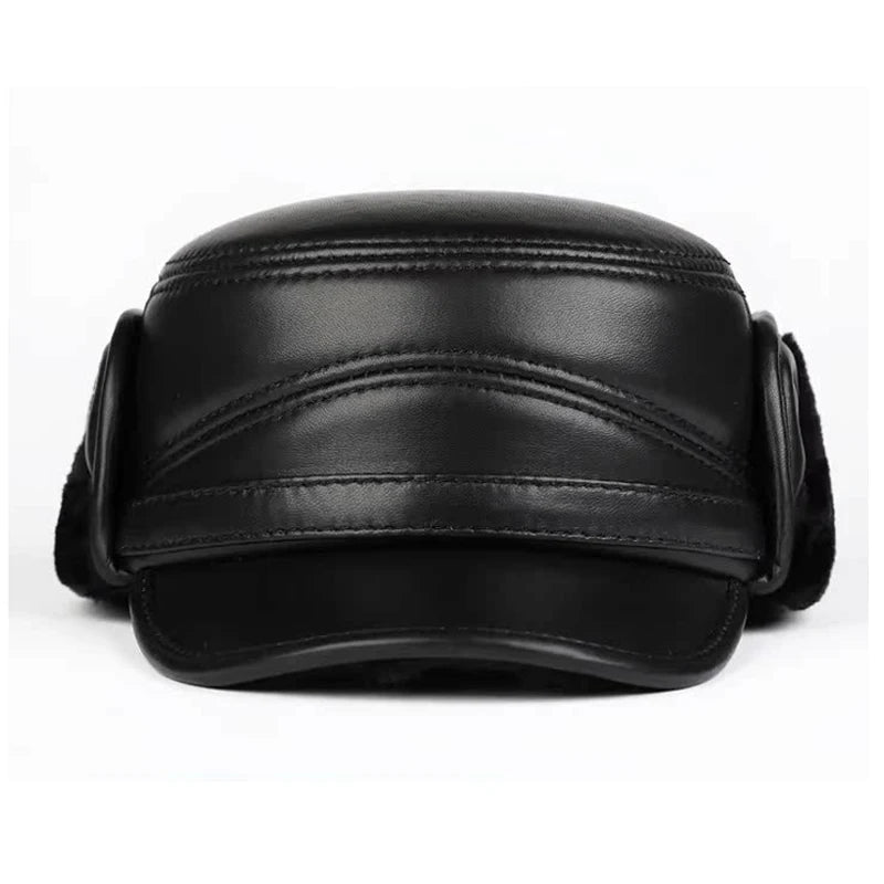 High Quality Genuine Leather Hats Winter First Layer Cowhide Warm Earmuffs Bomber Caps Plus Velvet Thicken Man Bone Caps Dad Hat