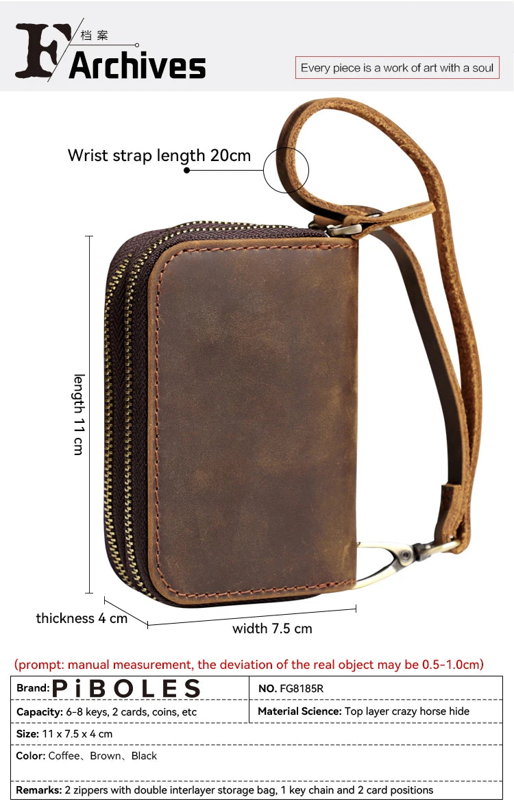 Genuine Leather Key Wallet For Men Retro Car Smart Key Case Double Zipper Housekeeper Keys Coin Pouch Organizer Handbag Women