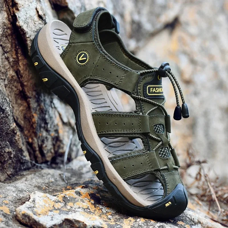 Big Size Men's Sandals Summer Anti-collision Outdoor Walking Treking Casual Shoes Leather Hiking Men Slippers Beach Wading Shoes