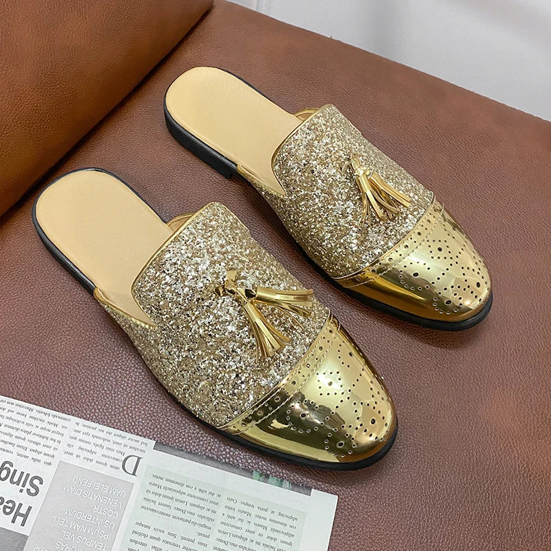 2024 New Luxury Designer Men's Casual Bling Leather Loafers Italian for Men Half Shoes Mules Male Black Slides Business Slippers