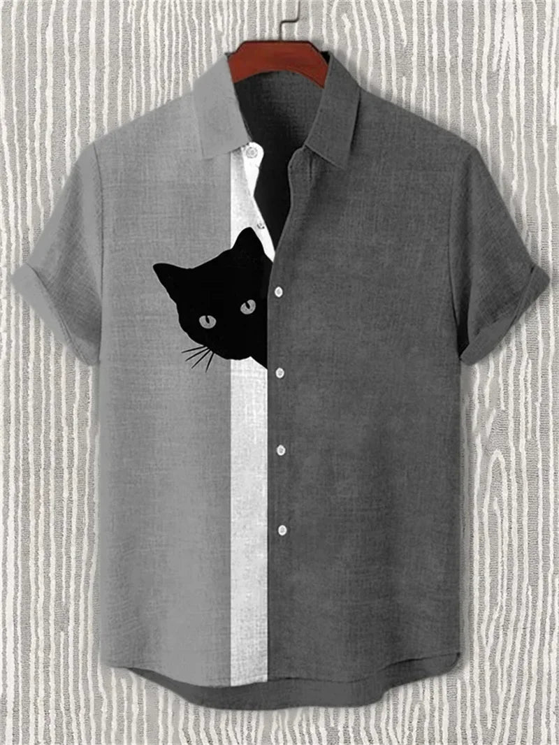 New men's linen art 3D wave print short sleeved shirt with warrior cat animal pattern casual short sleeved shirt top