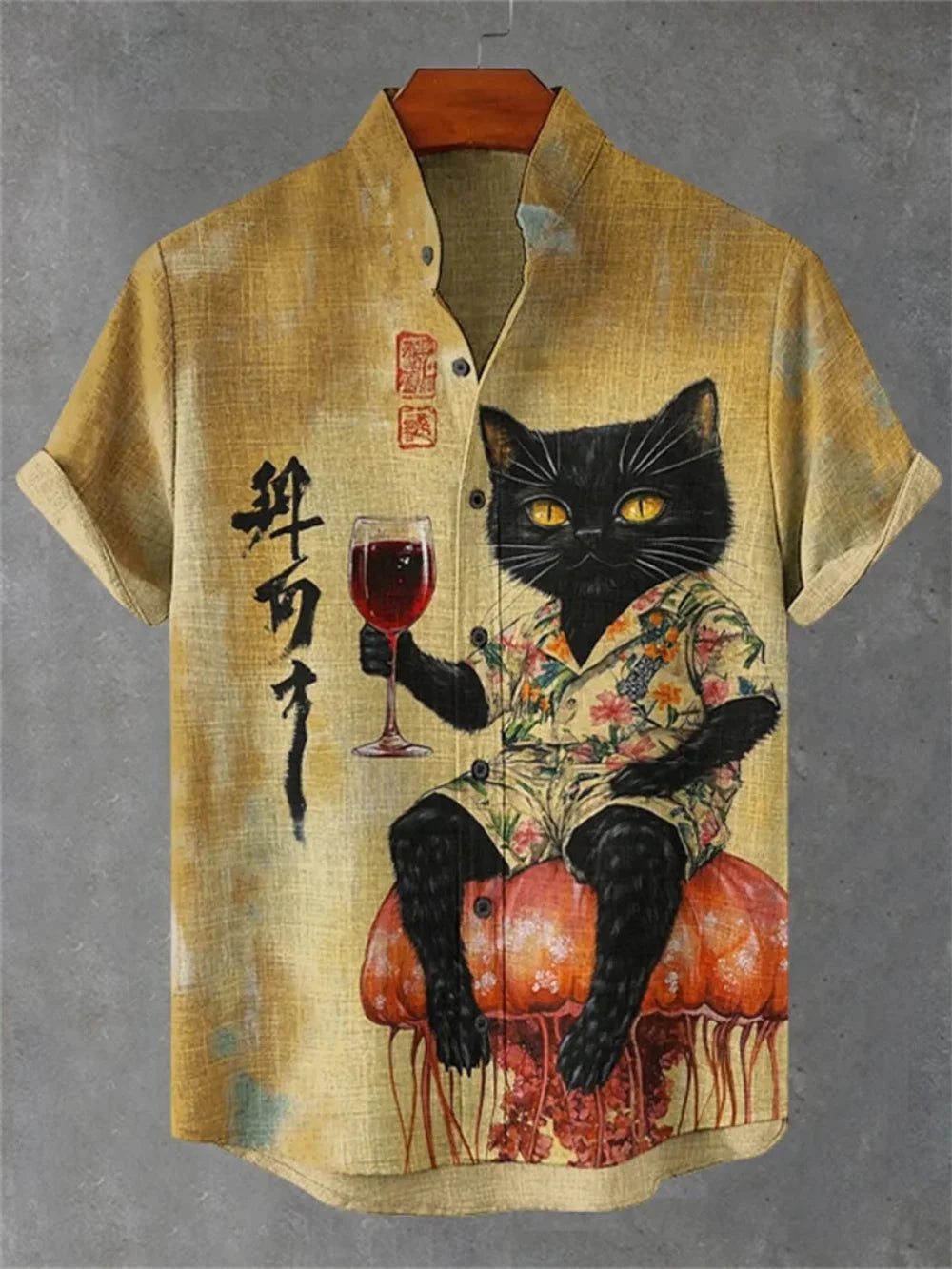 Men's Japanese Retro Art Print Short Sleeve Stand up Collar Linen Shirt Casual plus Size Fashion Fast Shipping