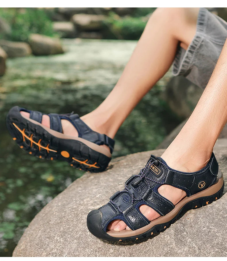 2025 Summer Men Sandals Leather Mens Casual Shoes Breathable Outdoor Sandals for Men Beach Shoes Slippers Fashion Roman Shoes