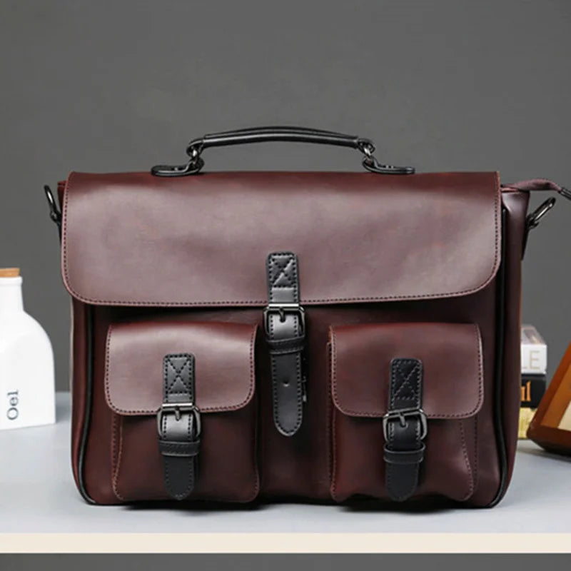 Men Leather Bag Men's Laptop Briefcase Bag Vintage Male Office Messenger Bag Business PU Leather Briefcase Bags For Man Backpack