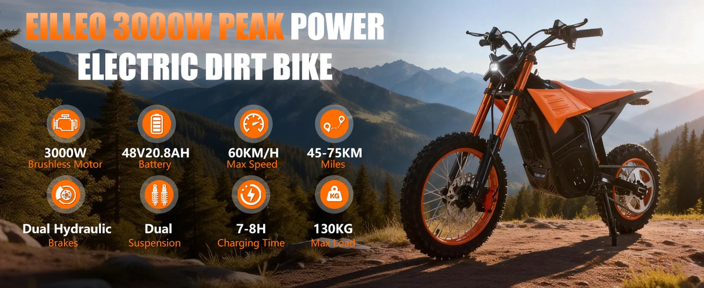Electric Motorcycle 3000W, EBIKE,48V 20AH Battery, 60km/h, Oil Brake, Max Load 130KG