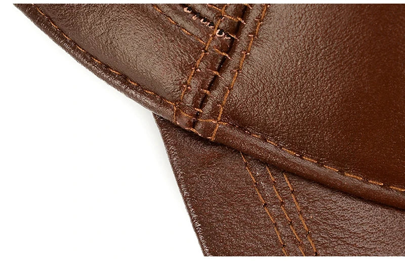 2025 New Style Men Cowhide Hat Winter Warm Outdoor Protect Ear Real Leather Adjustable Baseball Cap Men Real Cowhide Leather Cap