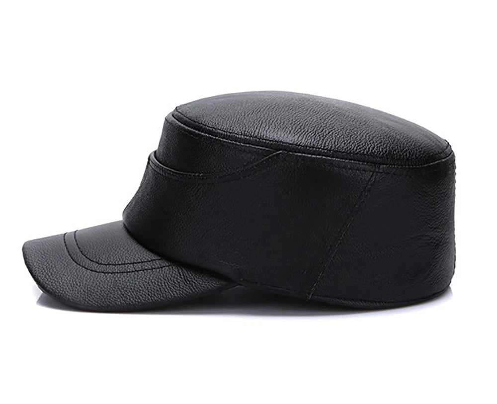 New Real Cow Leather Flat Cap Earflap Cap Men Real Leather Hats Fall Winter male 100% Genuine Real Cowhide Leather Military Caps