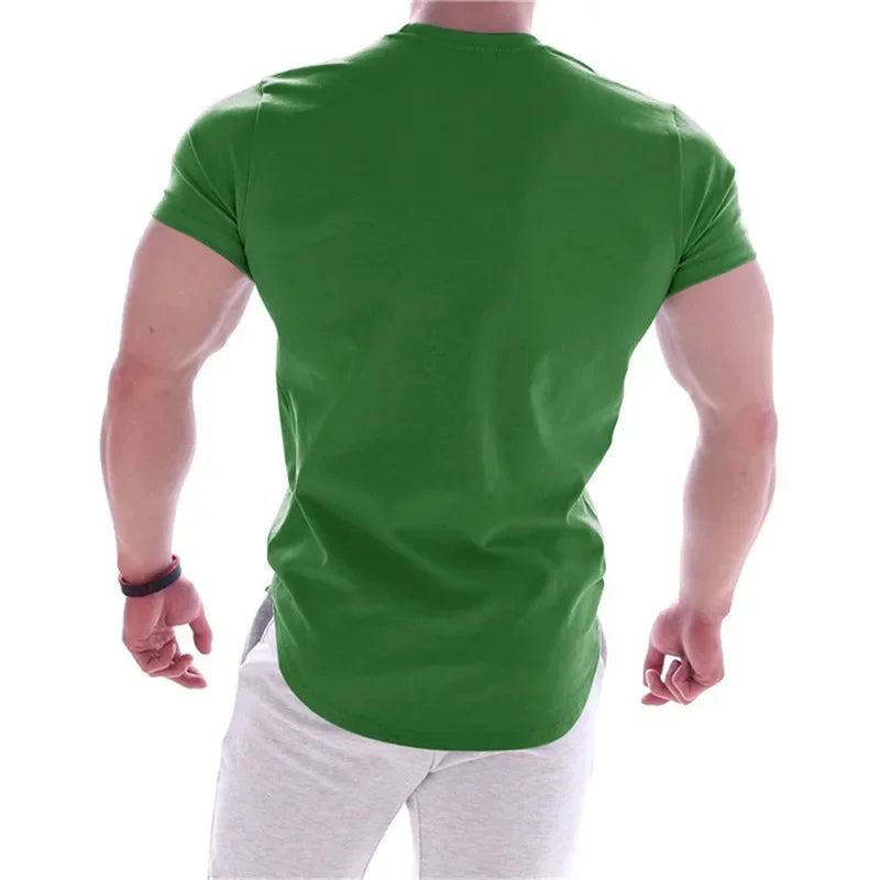 NEW Men Summer T Shirts High Elastic Slim Fit T shirt Men Quick-drying Curved Hem Mens T-Shirts Fitness casual Solid Color tops