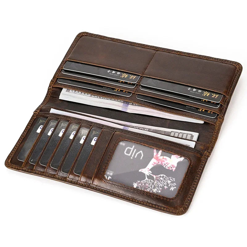 Casual Long Wallet Men Mobile Phone Male Long Purse Bifold Card Wallet Natural Cow Skin Leather Purse Men Business  Card Holder