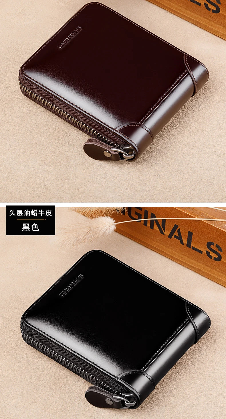 Fashion Genuine Leather Wallet For Men Zipper Complete Closure Wallet Driving License Credit Card Holder Coin Bag Men's Wallet