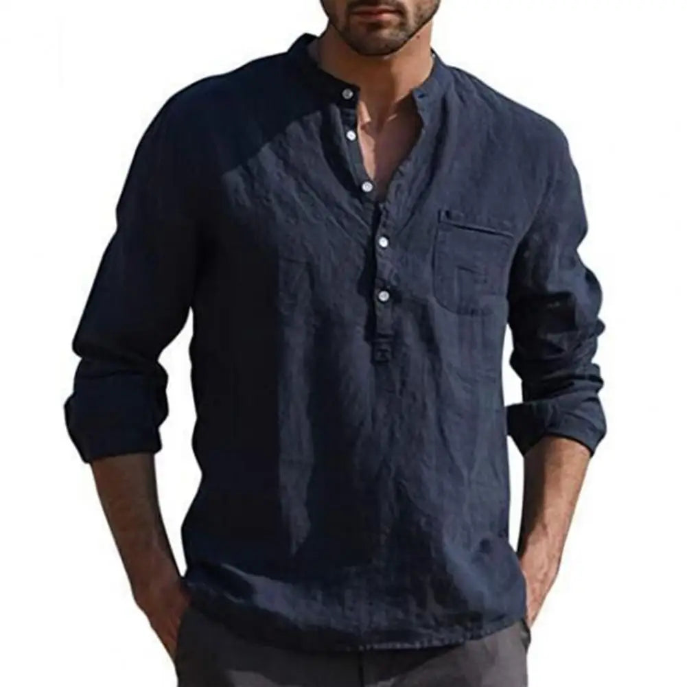 Cotton Linen Shirts for Men Long Sleeve Casual Shirts Solid Color Stand Collar Button Loose Men Shirt Beach Shirts