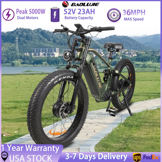 BAOLUJIE P2 Adults Electric Bike 5000W Peak Dual Motors  52V23AH Battery Up to 36 mph Electric Bicycle Dual Shock Absorber Ebike