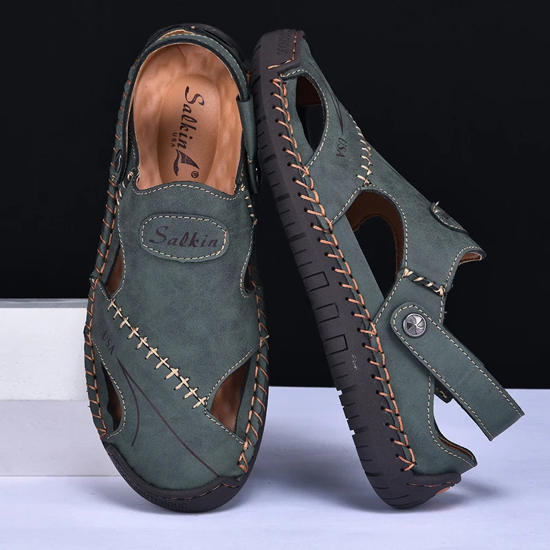 New Handmade Summer Sandals Men Breathable Leather Shoes Man Outdoor Men Sandals Antiskid Beach Sandals Hollow Shoes Fashion