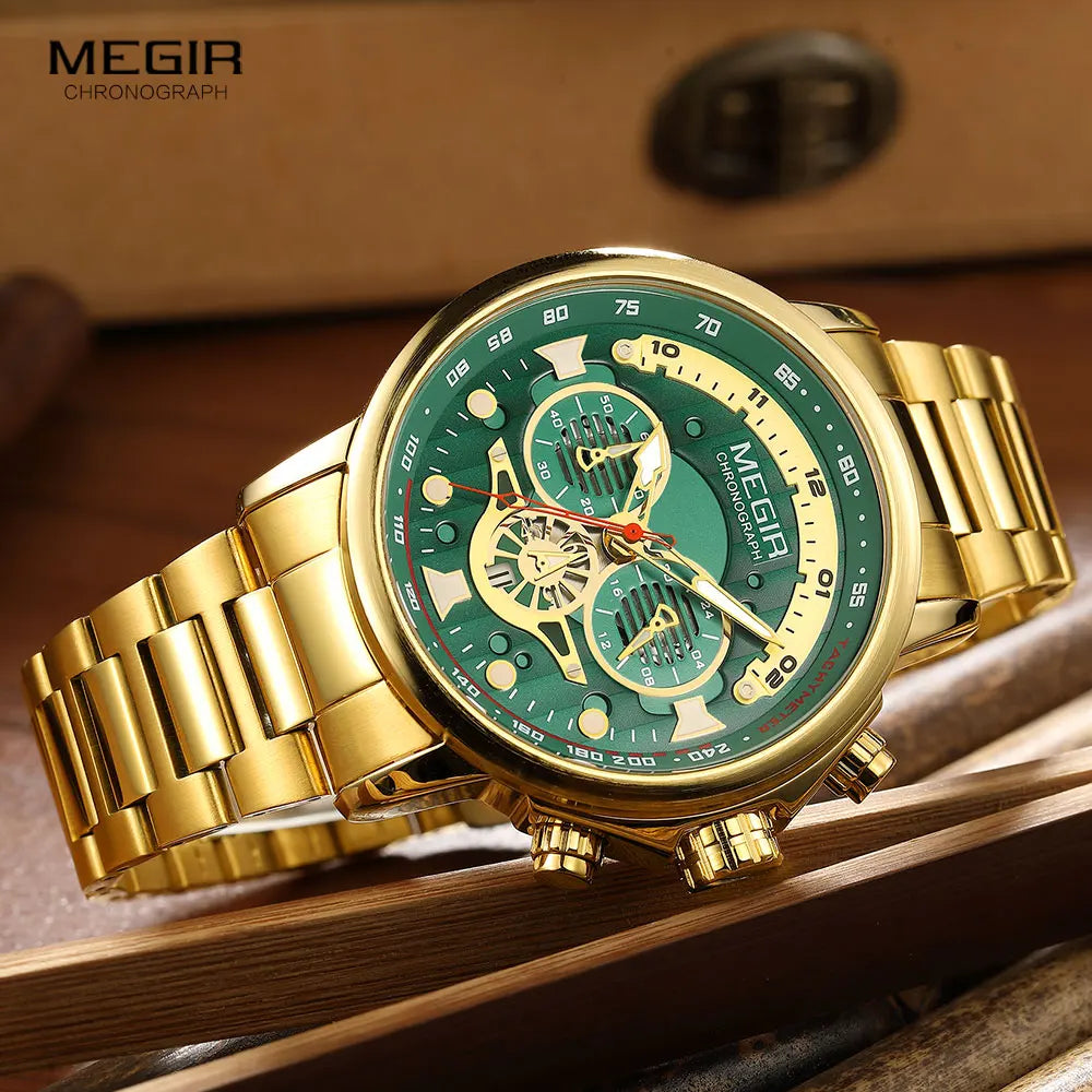 MEGIR Men's Watch Fashion Waterproof Chronograph Quartz Wristwatch with Auto Date Stainless Steel Strap Luminous Hands 24-hour