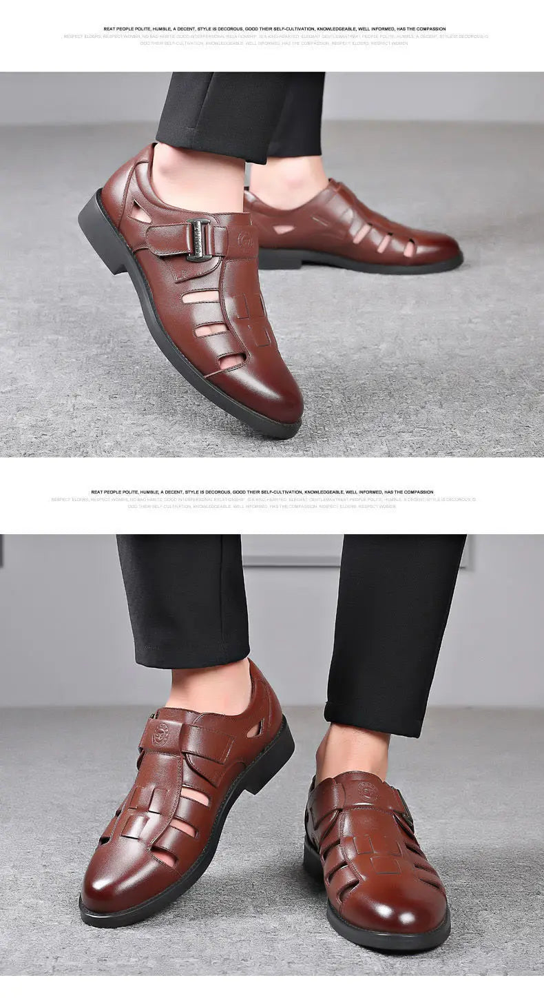 Men's Summer New Style Business Casual Genuine Leather Sandals With Hollow Outsole Anti-Slip Middle-Aged Father Leather Shoes