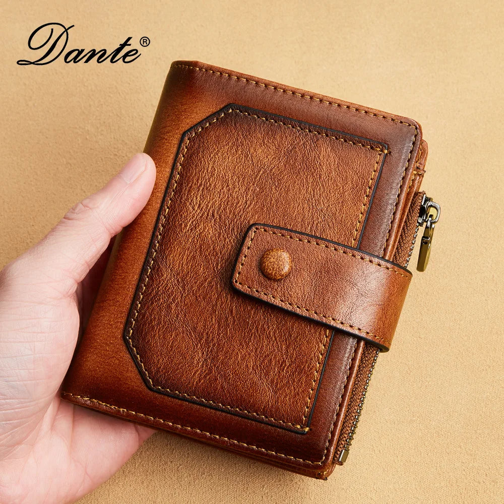 Vintage 100% Genuine Leather Men's Wallet RFID Blocking Trifold Short Multi Function Money Clip Large Capacity Zipper Coin Purse