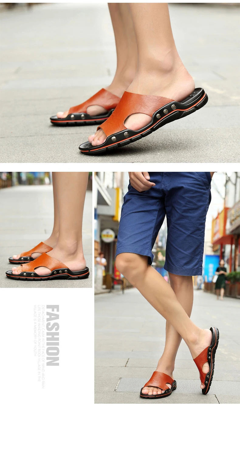 Summer Slippers New Men Sandals Soft Outdoor Slides High Quality Genuine Leather Comfortable Beach Sandals Outdoor Men Shoes