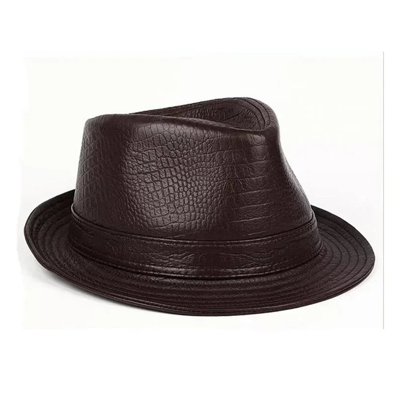 Man High Quality Genuine Leather Jazz Fedora Gentleman CowSkin Short Brim Black/Brown Fitted Top Hat Print Crocodile Pattern