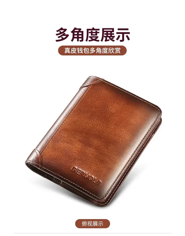 Men Wallet Genuine Leather Rfid Blocking Trifold Wallet Vintage Thin Short Multi Function ID Credit Card Holder Male Purse Money