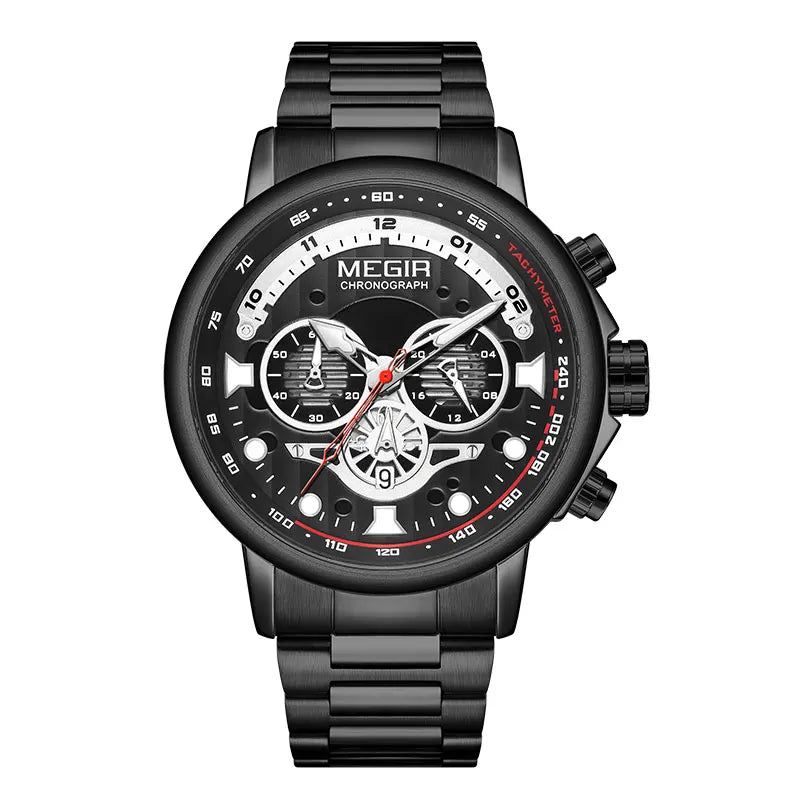 MEGIR Men's Watch Fashion Waterproof Chronograph Quartz Wristwatch with Auto Date Stainless Steel Strap Luminous Hands 24-hour