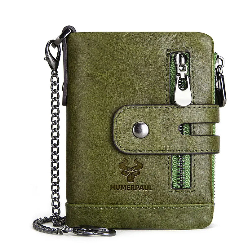 LAREET Fashion Genuine Leather Wallet With Cowhide For Men Money Card Holder Purse RFID Short Double Zipper Coin Pocket Bifold