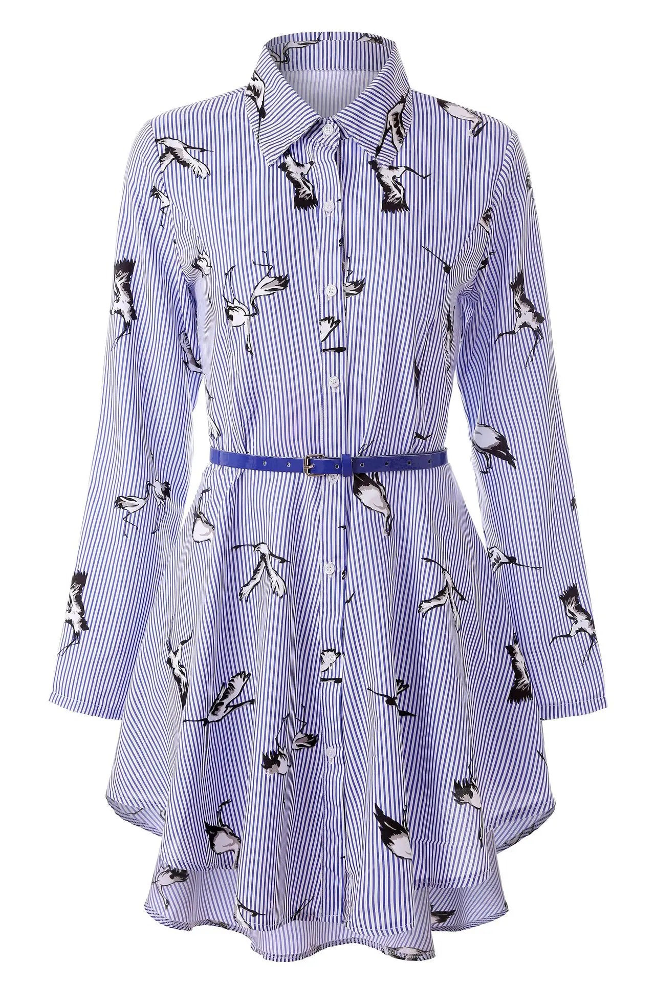 European and American women's clothing popular long-sleeved women's clothing striped shirt dress single-breasted belt