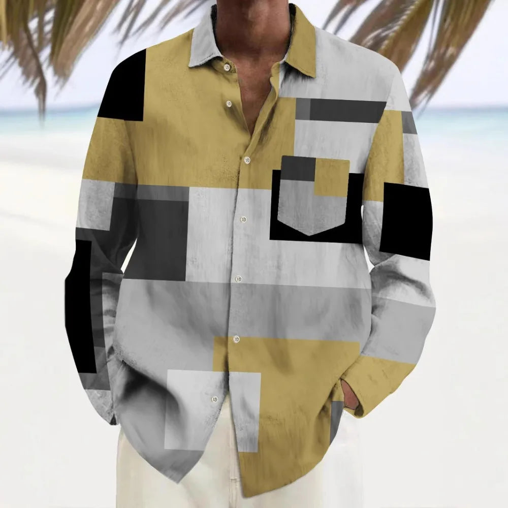 Hawaiian Button Up Shirts Geometric Art Graphics Color Printed Full Sleeve Streetwear Breathable Casual Men Dress Shirt Clothing