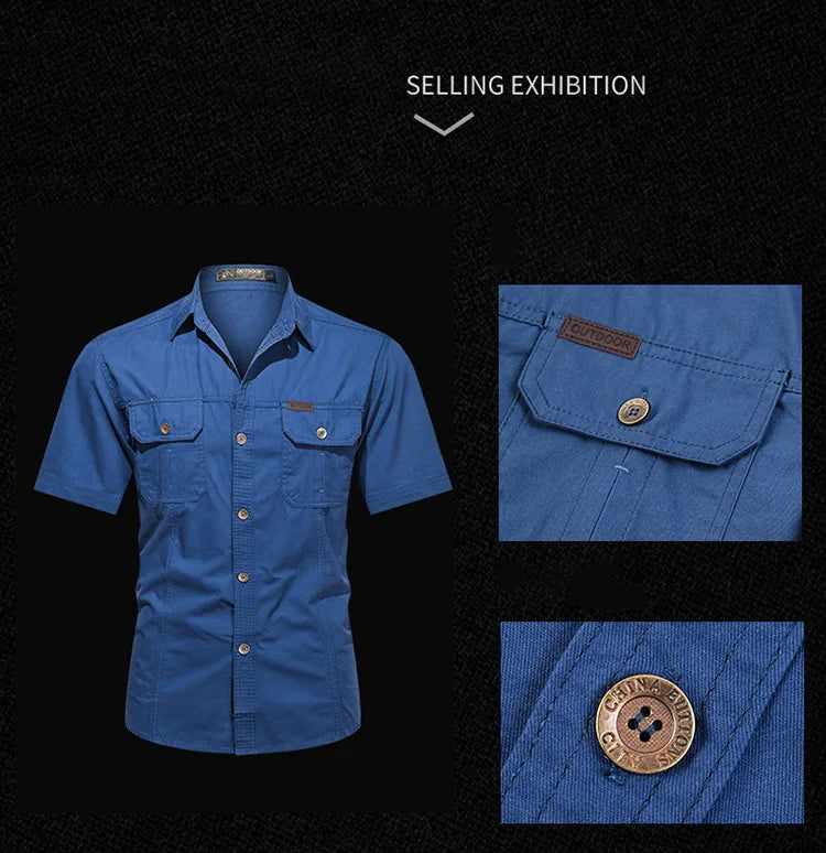 Summer men's thin short sleeved shirts, men's outdoor work clothes, multi bag half sleeved tops, pure cotton washed shirts