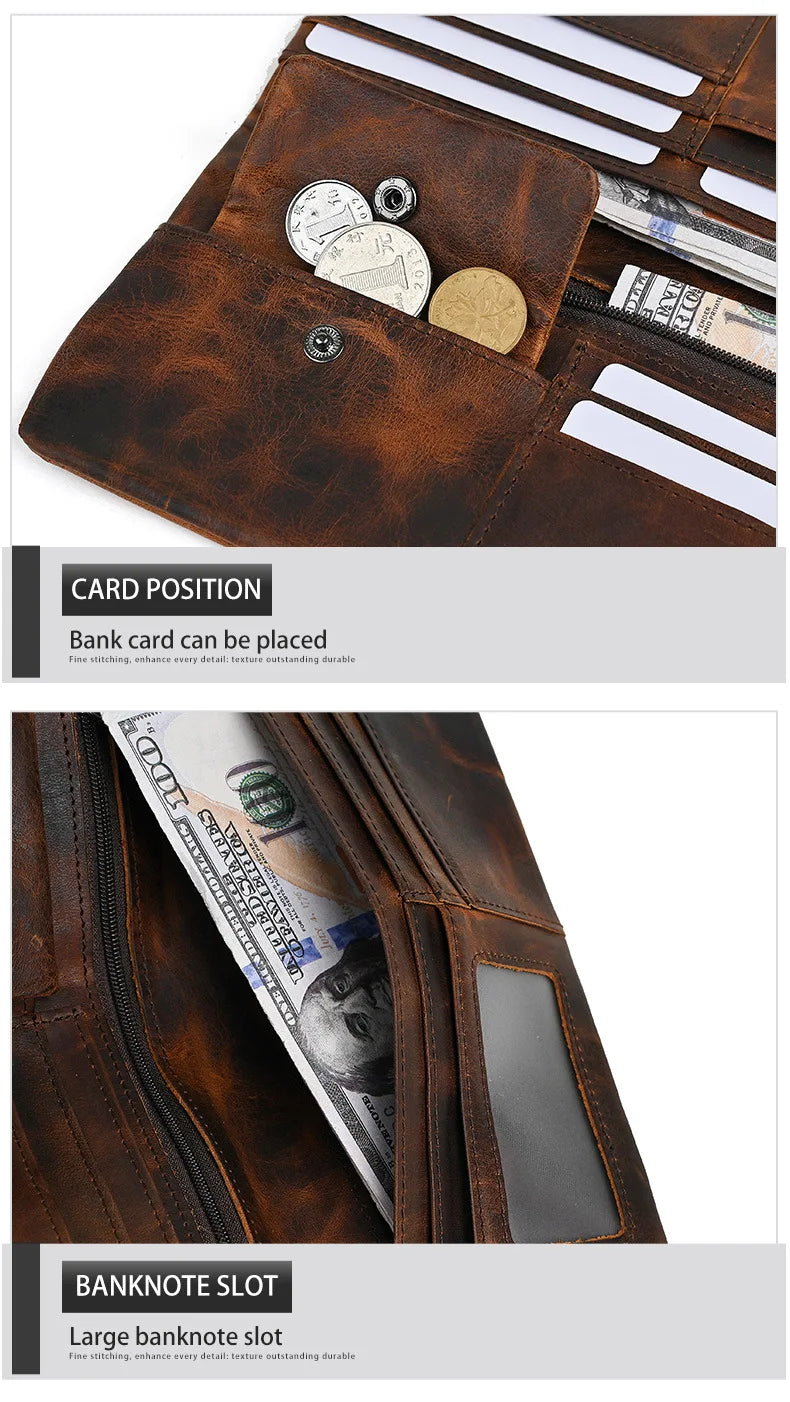 Vintage Genuine Leather Men's Long Wallet Real Cowhide Leather Long Purse Men Women Smooth Skin Leather Card Purse Anti Theft