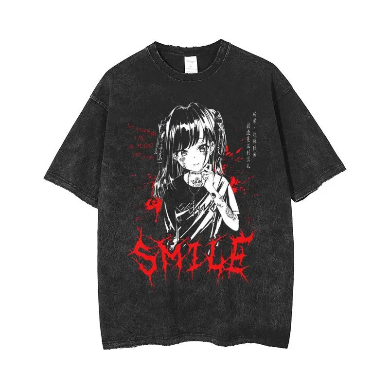 Anime Men's T Shirts Gothic Printed T-Shirt Hip Hop Streetwear Punk Summer Vintage Washed Oversized Tops Men Clothing