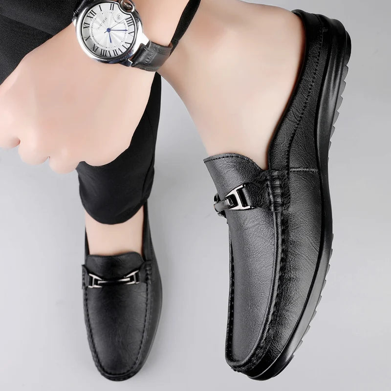Men Casual Summer Shoes Hollow Out Men's Driving Shoes High Quality Male Business Shoes Half Slippers Genuine Leather Loafers