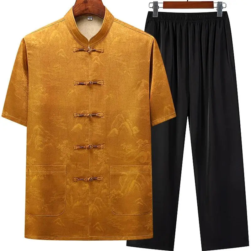 (Shirt + trousers) 2025 summer new fashion men shirt short sleeve shirts mens sets High quality shirts male Two Piece M-4XL