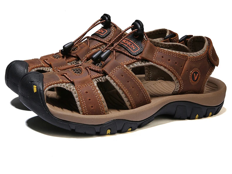 Summer Men Sandals Genuine Leather Mens Casual Shoes Outdoor Men Leather Sandals for Men Beach Shoes Roman Shoes Plus Size 38-48