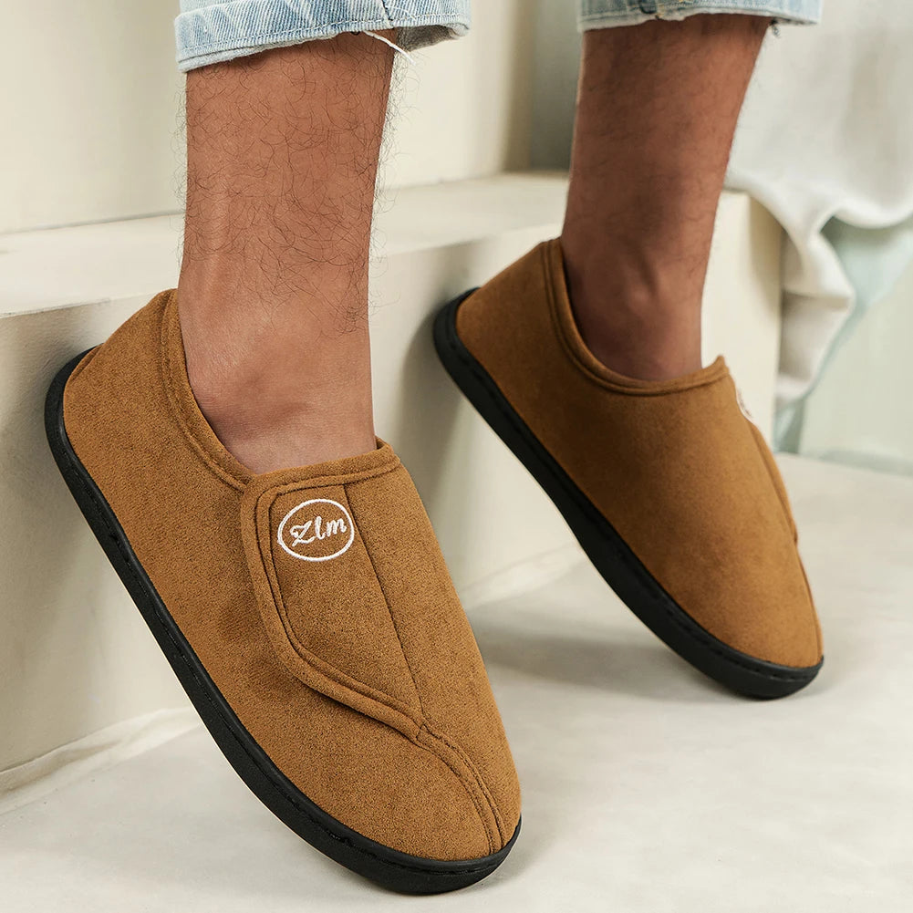 Slippers for Men Suede Leather Non-Slip Slip-on Shoes Comfy Warm Plush Walking Shoes Indoor/Outdoor for Diabetic Swollen Feet